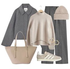 Beige Overshirt Outfit Women, Grey And Beige Outfit, Grey Jacket Outfit, Grey Top Outfit, Minimalist Fall Outfit, Cropped Jacket Outfit, Look Beige, Shop The Outfit, Trainers Outfit