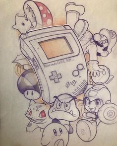 a drawing of an old nintendo game console surrounded by mario bros characters