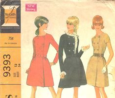 two women's dresses and one woman's coat are shown in this vintage sewing pattern