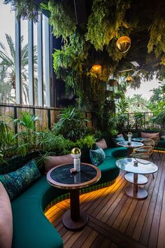 an outdoor seating area with lots of plants