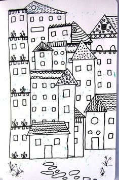 a black and white drawing of some buildings