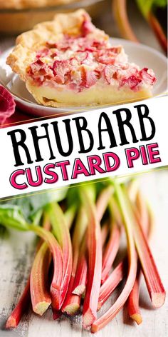 a close up of a plate of food with rhubarb custard pie