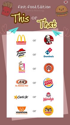 the fast food menu has many different logos on it