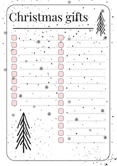 a christmas gift list with trees and snowflakes on the top, in black and white