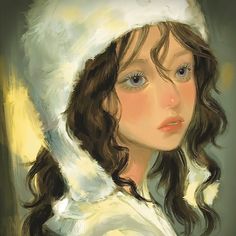 a painting of a woman wearing a white hat and fur coat with her eyes closed