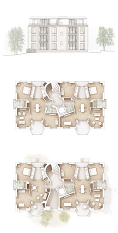 the floor plan for an apartment building with two levels and three rooms, each with different furniture