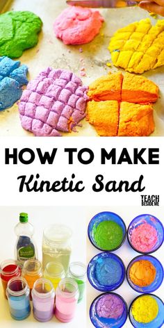 how to make rainbow sand for kids with pictures and text overlay that says how to make rainbow sand