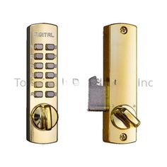 the electronic door handle is gold and has buttons on each side, which can be used as a keypad