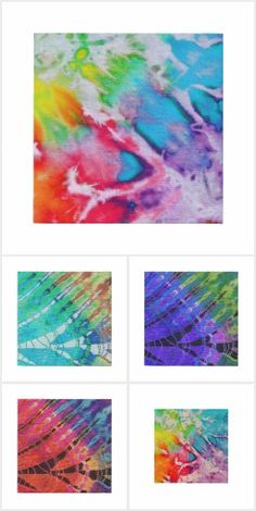 four different colored paintings on white paper, each with different colors and shapes in them