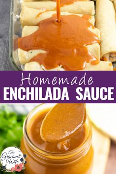 homemade enchilada sauce being drizzled over the food