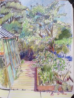 a drawing of a garden with trees and plants in the foreground, next to a path