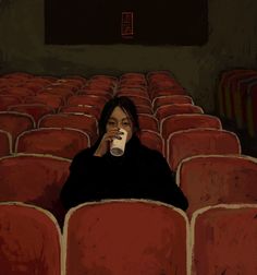 a painting of a woman sitting in an empty theater seat drinking from a coffee cup