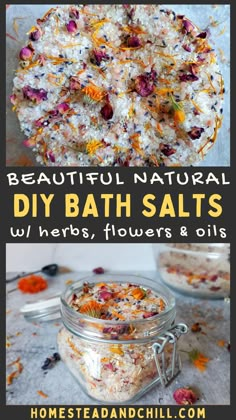 Top image is a close up of a bath salt blend with coarse flaky white and punk salt mixed with dry orange calendula flower petals, red dry rose buds and lavender buds. Bottom image shows the same bath salt blend in a glass jar with flip top lid open, and flower petals scattered around the jar. Diy Bath Salts Recipe, Diy Bath Salts, Homemade Bath Salts, Diy Bath Salt, Natural Bath Salts