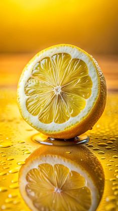 a lemon cut in half sitting on top of a yellow surface with water droplets around it