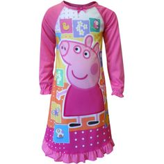 peppa pig dress with pink sleeves and polka dots on the bottom, in front of a white background