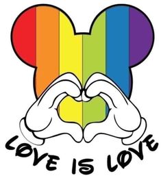 mickey mouse's hand making a heart with the word love is love