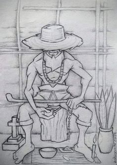 a drawing of a man with a hat on his head sitting in front of a potted plant