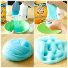 the process for making soapy dishes is shown in four different pictures, including blue and green