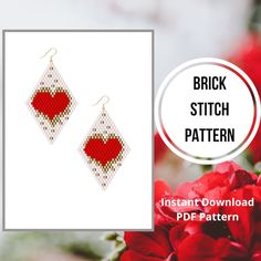 a pair of red and white earrings with the words, brick stitch pattern