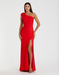 Bow One Shoulder Evening Gown Elegant Red One-shoulder Dress For Gala, Red One-shoulder Evening Dress, Red Asymmetrical One-shoulder Dress, Red One-shoulder Asymmetrical Cocktail Dress, One Shoulder Evening Gown, Luxury Red One-shoulder Dress With Asymmetrical Neckline, Charmeuse Dress, Long Red Dress, One Shoulder Gown