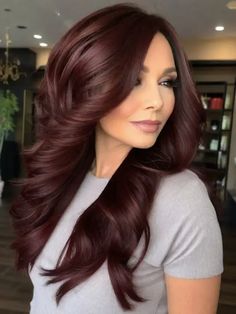 30 Hair Color Ideas For 40-Year-Old Moms Auburn Plum Hair, Dark Red Hair With Money Piece Only, Burnt Cherry Hair Color, Long Mahogany Hair, Fall Hair Colors With Red, Ref Hair Color Ideas, Intense Hair Color, Fall Hair Colors All Over Color, Best Hair Color To Cover Grey Hair Brunettes