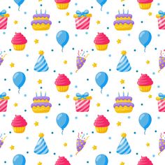 seamless birthday pattern with cupcakes, balloons and stars on a white background