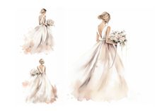 the back and side views of a bride's wedding dress, with her bouquet in hand