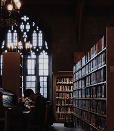 a person sitting at a table in front of a book shelf filled with books