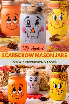 three mason jars with faces painted on them and the words diy painted scarecrow mason jars