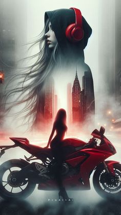 a woman with headphones on standing next to a red motorcycle in the middle of a city