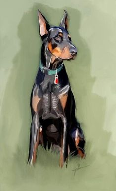 a painting of a black and brown dog sitting on top of a green floor next to a wall