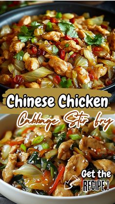 chicken and vegetable stir fry in a pan with the words chinese chicken cooking tips by get the recipe