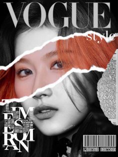 a woman with red hair is featured on the cover of a magazine, which features torn paper