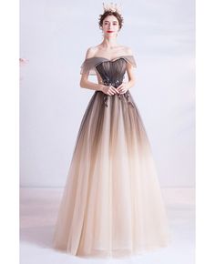 Buy Ombre Brown Princess Ballgown Prom Dress With Ruffled Off Shoulder at wholesale price online. Free shipping and pro custom service since 2009. Prom Dress Off The Shoulder, Off The Shoulder Evening Dress, Prom Dress A Line, Prom Dresses Off The Shoulder, Tulle Long Prom Dress, Off Shoulder Evening Dress, A Line Evening Dress, Long Prom Dress, Evening Dresses Prom