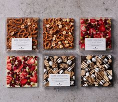 four different types of chocolates and pretzels arranged on top of each other