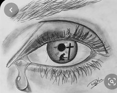 a drawing of an eye with the cross in it's center and drops of water coming out of its iris