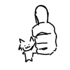 a drawing of a person holding a cat in their hand with the caption,