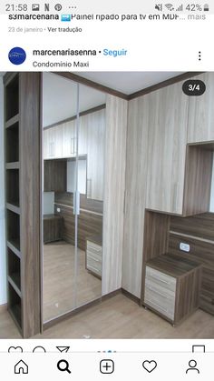 an image of a closet with mirrored doors on the door and shelves in the middle