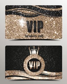 two business cards with gold glitter and black background