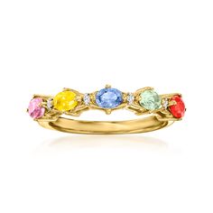 Ross-Simons - .90ct t. w. Multicolored Sapphire Ring, Diamond Accents Over Sterling. Size 6. Amplify your accessories with this colorful gemstone ring, featuring .90 ct. t. w. oval multicolored sapphires and round diamond accents. Finely crafted in polished 18kt yellow gold over sterling silver. 3/16" wide. Multicolored sapphire ring. Ring With Diamond, Ring Diamond, Gemstone Ring, Gemstone Colors, Round Diamond, Sapphire Ring, Round Diamonds, Gemstone Rings, Jewelry Rings