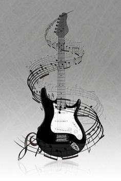 an electric guitar with musical notes coming out of it