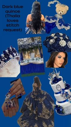 a collage of blue and white items including a doll, dress, tiara and cake