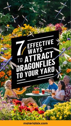 7 effective ways to attract dragonflies to your yard; family sitting in a garden with dragonflies flying around. Bird Baths