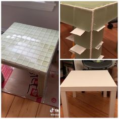 three pictures of different types of tables and stools in various stages of being painted