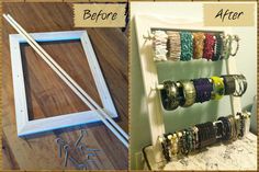 the before and after pictures show how to make a diy jewelry rack with yarn