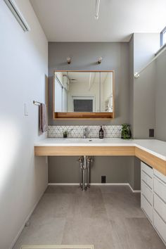 a bathroom with a sink and mirror in it