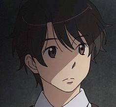 an anime character with black hair and brown eyes wearing a white collared shirt, standing in front of a dark background