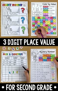 three different place value worksheets for second grade students to practice number sense and color by number