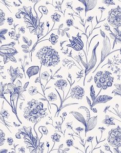 blue and white floral wallpaper with many different types of flowers, leaves and branches