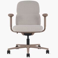 an office chair with wheels on the back and seat upholstered in grey fabric